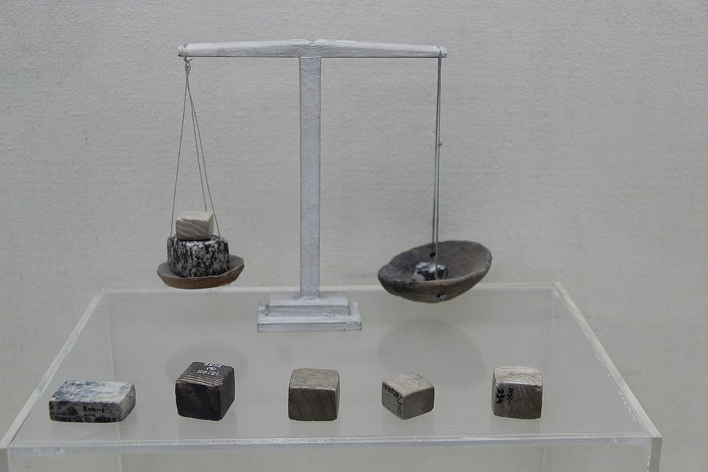 Harappan (Indus Valley) balance and weight. Harappa (Indus Valley) Civilization Gallery, National Museum of India, New Delhi.