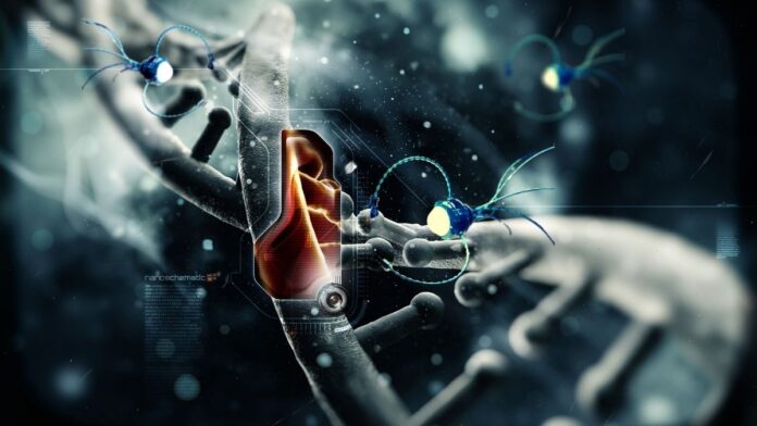Illustration of Nanotechnology Showing Nanoschematic Of DNA Where Nanorobots would be able to repair damaged DNA and allow our cells to function correctly.