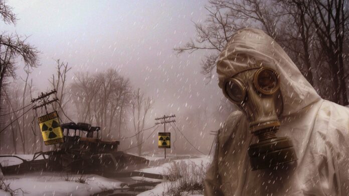 परमाणु युद्ध के संभावित परिणाम का प्रतिनिधित्व करने वाले परमाणु सर्दी की कलात्मक चित्रण।