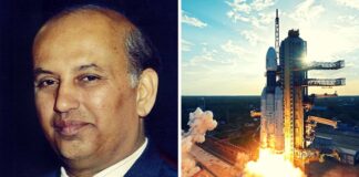 On the left, prof. udupi ramachandra rao and on the right, isro space rocket