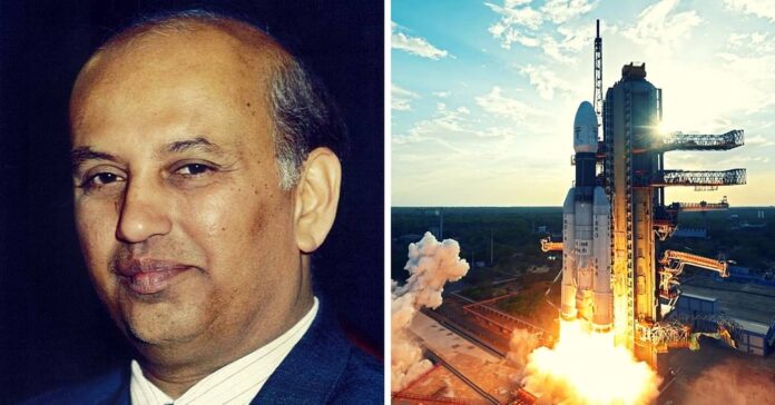 On the left, prof. udupi ramachandra rao and on the right, isro space rocket