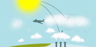 एक हवाई जहाज और मानव रहित जहाज बादलों को उत्पन्न कर रहें हैं जो सूर्य के प्रकाश को पृथ्वी से दूर परावर्तित करेंगे।