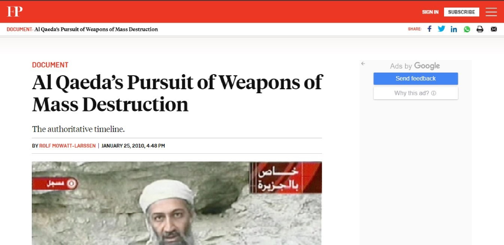 अलकायदा के सामूहिक विनाश के हथियारों के उद्देश्य को दिखाने वाला समाचार पत्र का स्क्रीनशॉट: आतंकवाद के माध्यम के रूप में जैविक युद्ध।