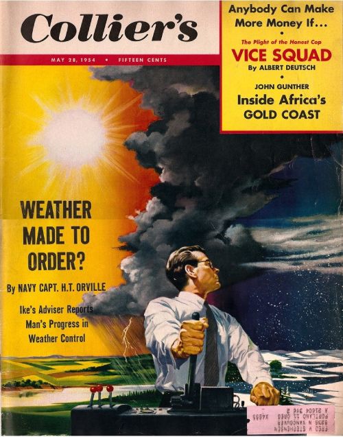 लीवर और पुश-बटन की एक प्रणाली द्वारा मौसम को बदलते हुए एक आदमी को दिखाते हुए कोलियर पत्रिका का कवर