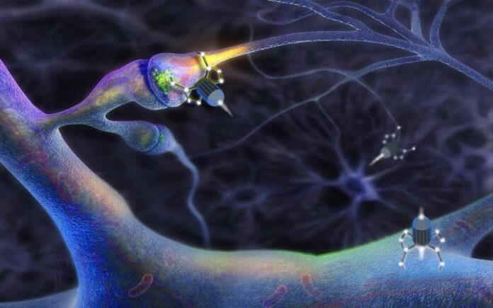 नैनो तकनीक का अनुप्रयोग जो क्षतिग्रस्त न्यूरॉन्स की मरम्मत करते हुए नैनो स्पाइडर बॉट दिखा रहा है