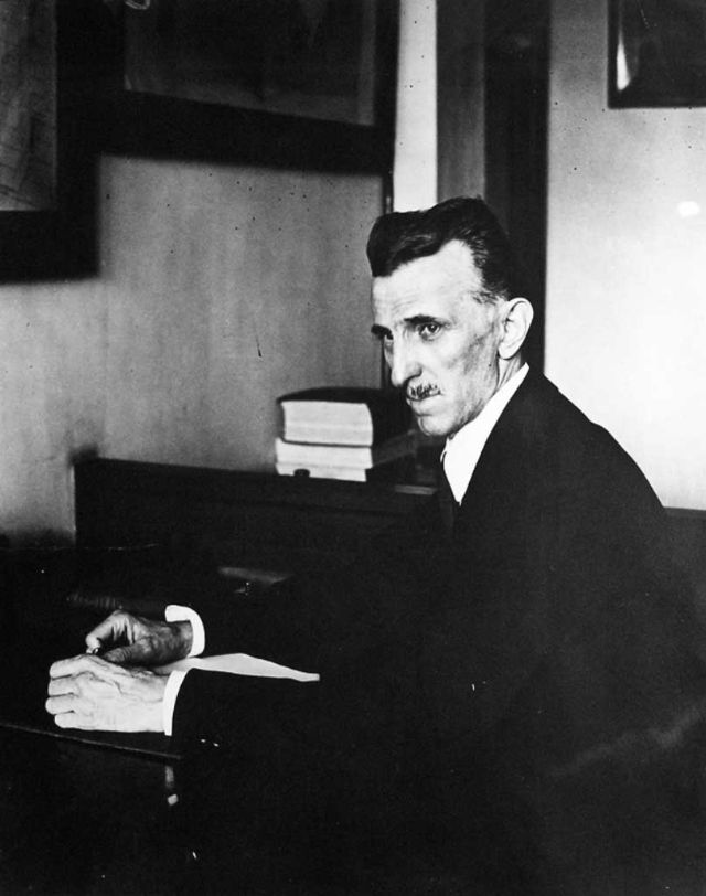 Nikola Tesla working in his office at 8 West 40th Street. The photograph was taken in 1916.