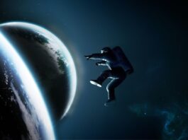 शून्य गुरुत्वाकर्षण के कारण अंतरिक्ष में मुक्त रूप से गिरने वाले एक अंतरिक्ष यात्री का कलात्मक चित्रण।