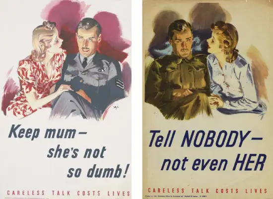 द्वितीय विश्व युद्ध के दौरान हनी ट्रैप को दर्शाने वाले पोस्टर | रॉयल एयर फ़ोर्स सार्जेंट से बात करती एक आकर्षक महिला; महिला जासूस हो सकती है जो वायु सेना सार्जेंट को हनीट्रैप में फंसाने की कोशिश कर रही है। | श्रेय: Careless Talk Posters