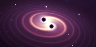 Two black holes colliding with each other creating Gravitational Waves, an artistic illustration.