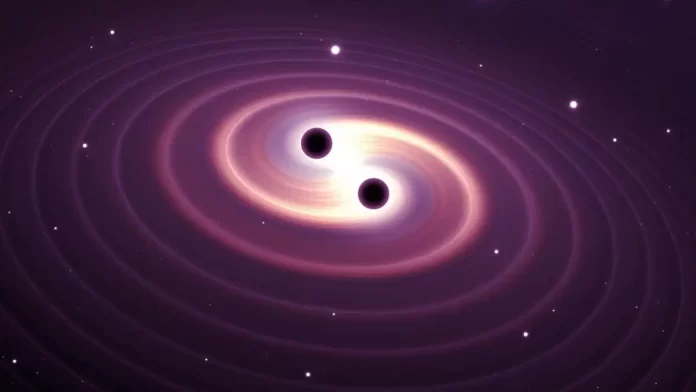 दो ब्लैक होल आपस में टकराकर गुरुत्वाकर्षण तरंगें उत्पन्न करते हुए, एक कलात्मक चित्रण।