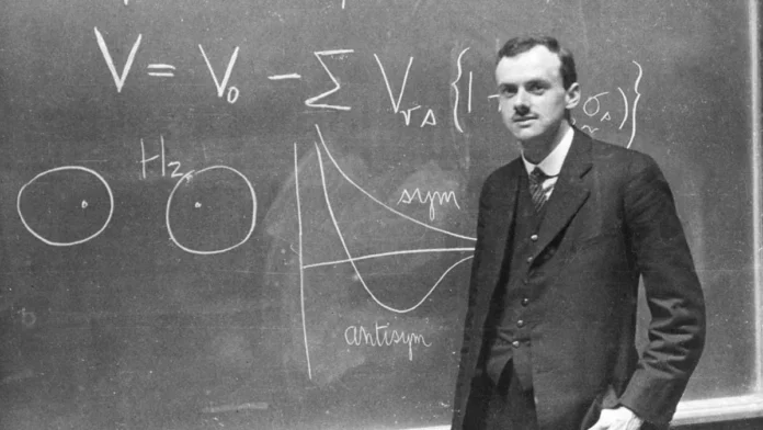 Paul Dirac standing in front of the blackboard