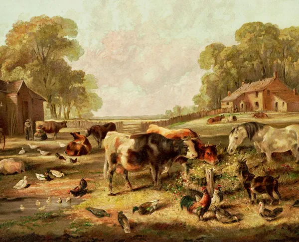 Colonial-era farm with livestock—captures early of European animals like pigs and cattle in the Americas, illustrating the post-1492 shift.