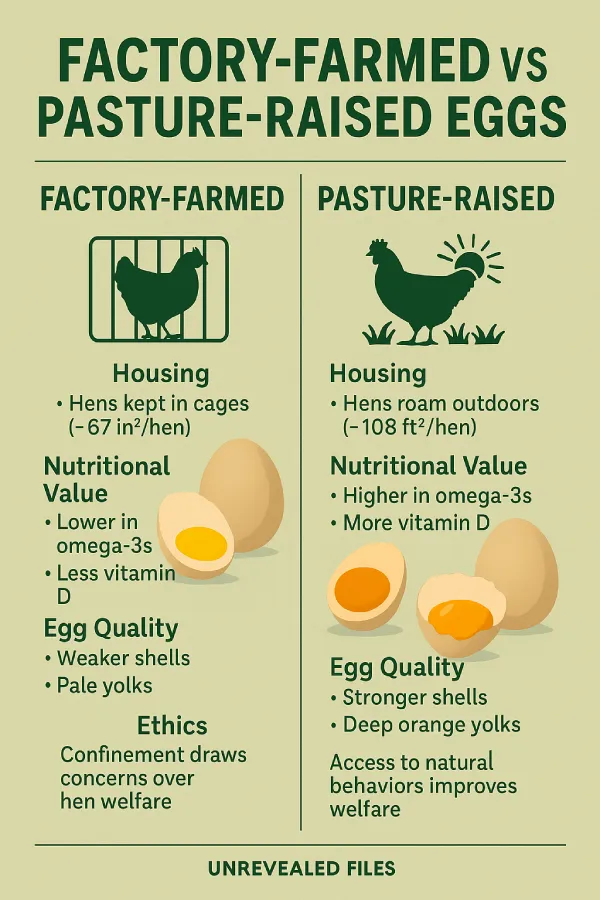 Infographic showing Factory farmed vs pasture raised eggs.