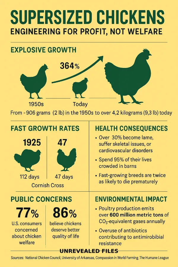How Average weight of a Chicken increased over the years from 905 grams (2 pounds) to over 4.2 kilograms (9.3 pounds) today.