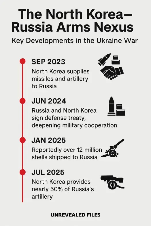 A visual infographic showing the Timeline of North Korea-Russia Arms deal.
