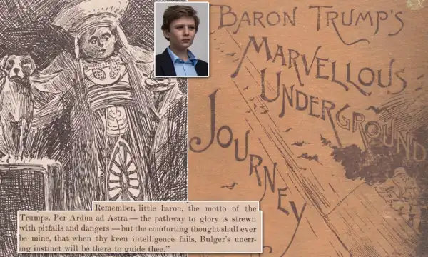 Illustration from the 1893 novel “Baron Trump’s Marvellous Underground Journey” alongside a modern image of Barron Trump, often linked in speculative theories about time travel and Nikola Tesla.