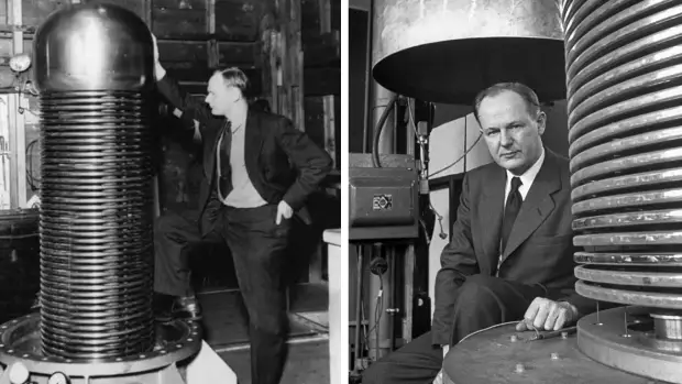 John Trump, head of research at MIT, in high voltage research lab of MIT, 1949.