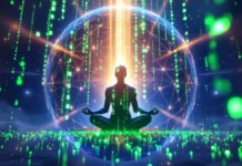 Mystical cosmic network representing Maya as a simulation, merging ancient Indian philosophy with digital code-like imagery.