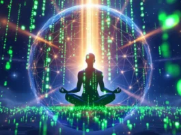 Mystical cosmic network representing Maya as a simulation, merging ancient Indian philosophy with digital code-like imagery.
