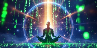 Mystical cosmic network representing Maya as a simulation, merging ancient Indian philosophy with digital code-like imagery.