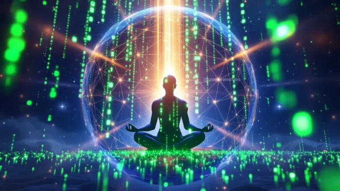 Mystical cosmic network representing Maya as a simulation, merging ancient Indian philosophy with digital code-like imagery.