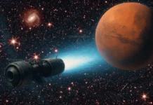 Artist’s concept of a spacecraft using plasma propulsion for a fast journey to Mars.