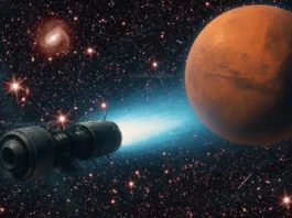 Artist’s concept of a spacecraft using plasma propulsion for a fast journey to Mars.
