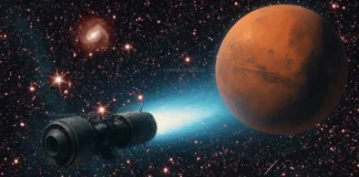 Artist’s concept of a spacecraft using plasma propulsion for a fast journey to Mars.