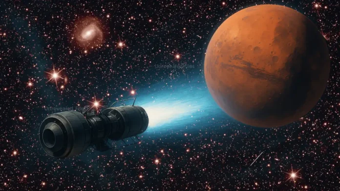 Artist’s concept of a spacecraft using plasma propulsion for a fast journey to Mars.