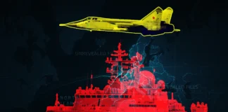 Russian military aircraft and warship illustrated over a North Atlantic map, symbolizing the grey-zone conflict between Russia and NATO at sea and in the air.