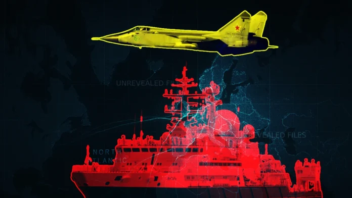 Russian military aircraft and warship illustrated over a North Atlantic map, symbolizing the grey-zone conflict between Russia and NATO at sea and in the air.