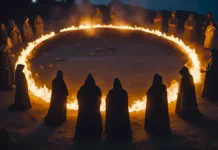 Why Paganism Is Rising Again And Why Millions Are Turning Back to Ancient Rituals Hooded figures standing around a ring of fire at night, performing a mysterious pagan ritual.