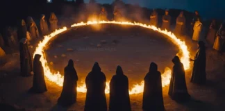 Paganism Is on the Rise, and It’s Telling Us Something Uncomfortable Hooded figures standing around a ring of fire at night, performing a mysterious pagan ritual.