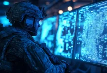Classified AI on Secret Networks: How Militaries Are Quietly Building the Next AI Arms Race Soldier in tactical gear analyzing a large digital battlefield interface on secure military screens in a blue-lit command center.