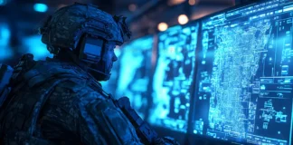 Soldier in tactical gear analyzing a large digital battlefield interface on secure military screens in a blue-lit command center.