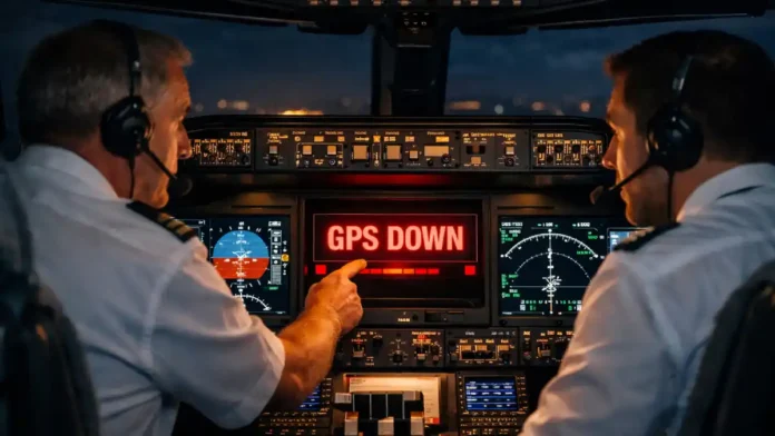 GPS signal failure warning inside aircraft cockpit GPS signal failure warning inside aircraft cockpit