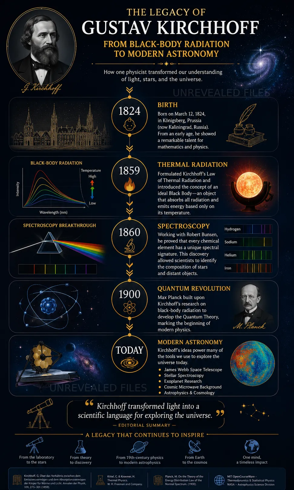 Timeline showing Gustav Kirchhoff's scientific milestones from the discovery of black-body radiation in 1859 to their influence on modern astrophysics and quantum theory.