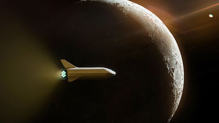 अंतरिक्ष पर्यटन स्टारशिप, अपने इंजिन को फायर करते हुए चंद्रमा के पास से गुजर रहा है।