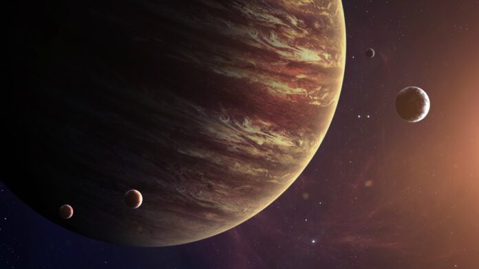An Artistic Illustration Of Big Planet Jupiter with it's moon.