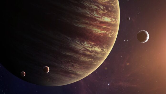 An Artistic Illustration Of Big Planet Jupiter with it's moon. An Artistic Illustration Of Big Planet Jupiter with it's moon.