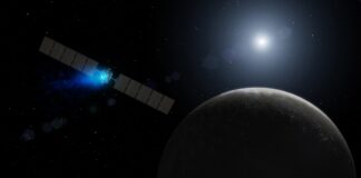 An artistic illustration of Dwarf Planet shows NASA's Dawn spacecraft arriving at the dwarf planet Ceres.