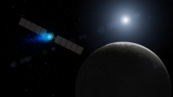 An artistic illustration of Dwarf Planet shows NASA's Dawn spacecraft arriving at the dwarf planet Ceres.