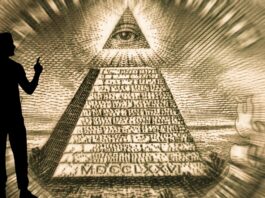 Man Looking at Eye of Providence and Thinking About Conspiracy theory.