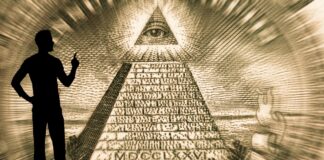 Man Looking at Eye of Providence and Thinking About Conspiracy theory.