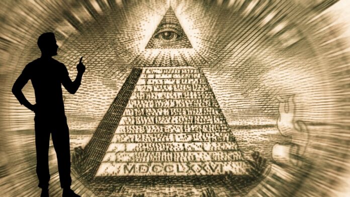 Man Looking at Eye of Providence and Thinking About Conspiracy theory.