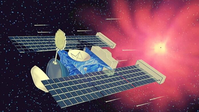 An artistic illustration of Stardust at comet Wild 2